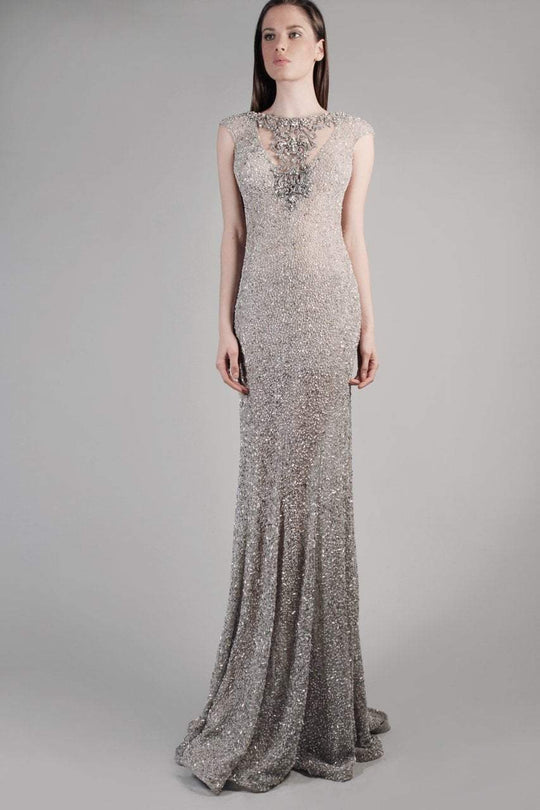 Beside Couture by Gemy - CPF14 4038 Cap Sleeve Ornate Sequined Gown In Silver