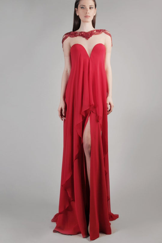 Beside Couture by Gemy - CPF14 4075 Ornate Shoulder Drape Slit Gown In Red