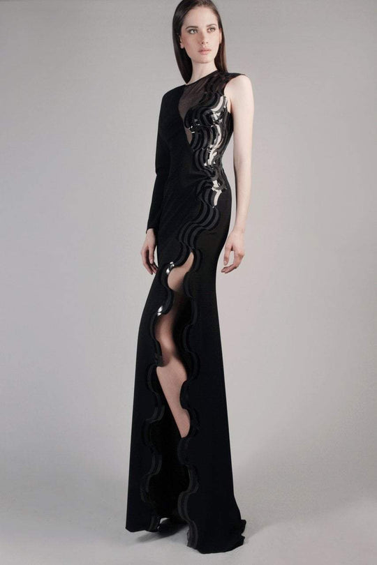 Beside Couture by Gemy - CPF14 4078 Asymmetric Illusion High Slit Gown In Black