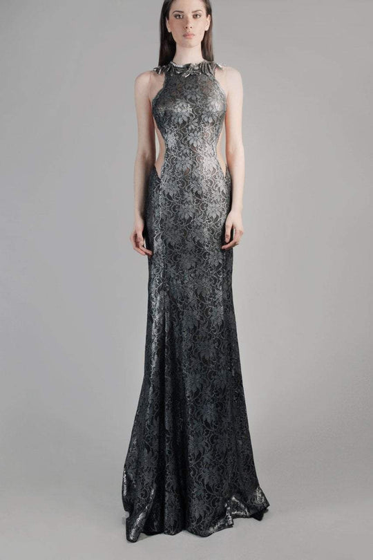 Beside Couture by Gemy - CPF14 4088 Metallic Floral Lace Illusion Gown In Silver