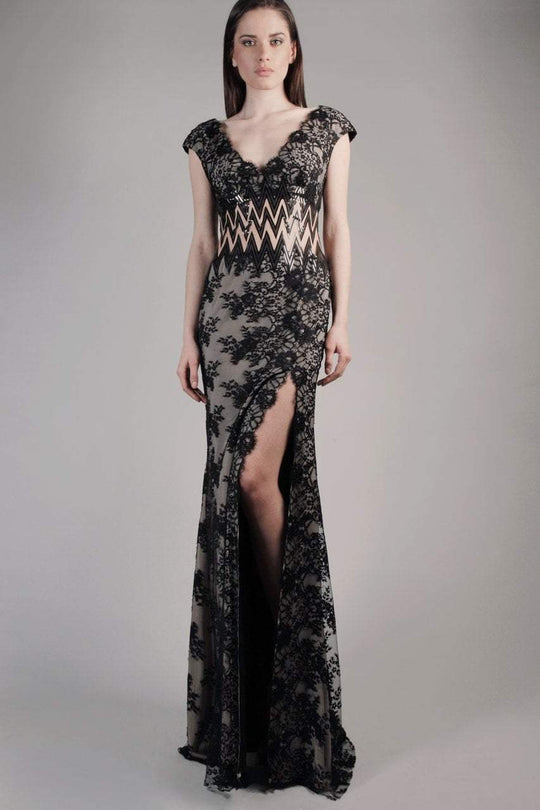 Beside Couture by Gemy - CPF14 4105 Cap Sleeve Lace Illusion Gown In Black