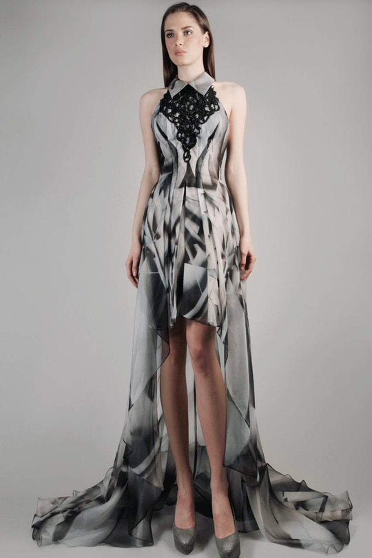 Beside Couture by Gemy - CPF14 4115 Collared Ornate High Low Gown In Multi-Color