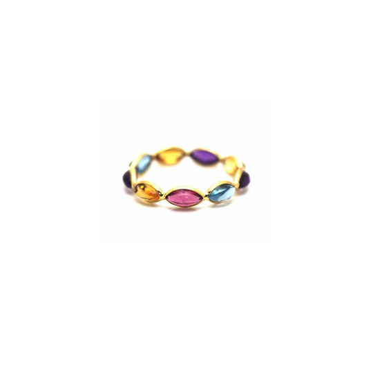 Multicolor Stones Smooth Marquise Ring Band in 18k Yellow Gold