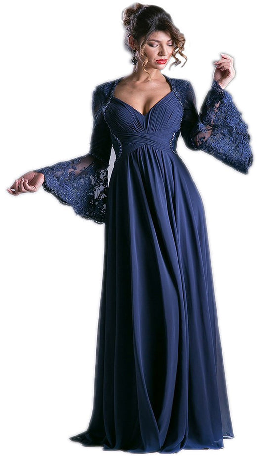 Cinderella Divine Bell Sleeve Queen Anne Ruched Long Gown - 1 pc Navy In Size 8 Available In Blue