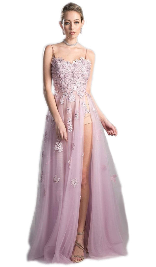 Cinderella Divine - Floral Embroidered Tulle A-line Prom Dress in Pink
