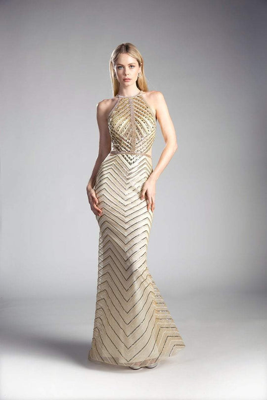 Cinderella Divine - CZ0010 Beaded Chevron Motif Long Mermaid Gown In Gold