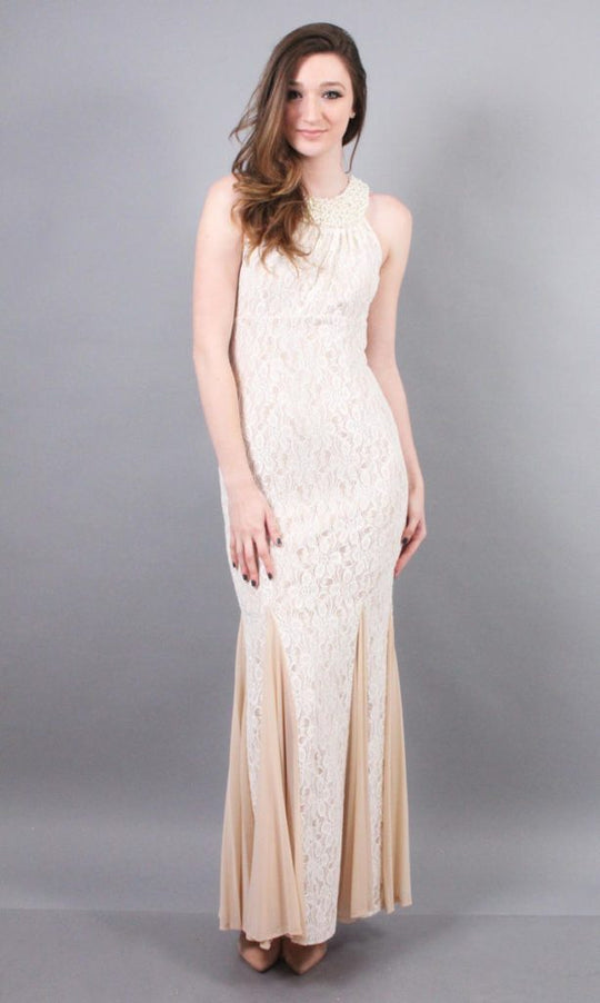 Cachet - 56727H Embellished Halter Neck Stretch Lace Dress in White and Neutral