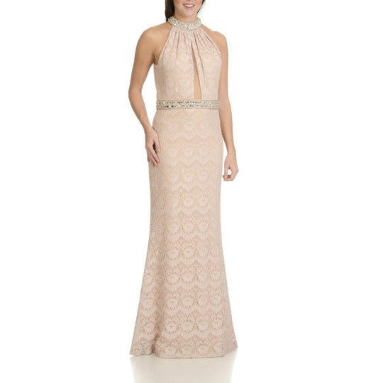 Cachet - 57808 Jeweled Collar Halter Lace Gown In Neutral