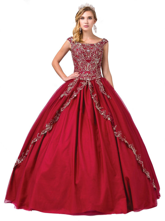 Dancing Queen - 1343 Cap Sleeve Gilt-Appliqued Overskirt Ballgown In Red