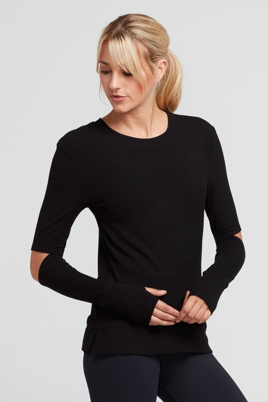 Cassidy Split Elbow Rib Top- Black
