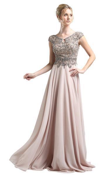 Cinderella Divine - Beaded V-Neck A-Line Dress CR721 In Neutral and Gold