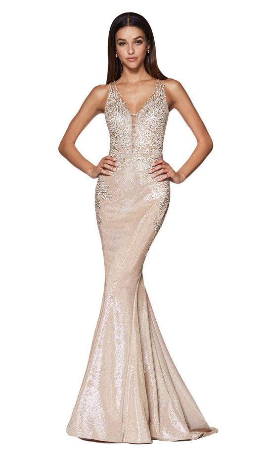 Cinderella Divine - Jeweled Floral Plunging Metallic Mermaid Gown CJ504  In Neutral