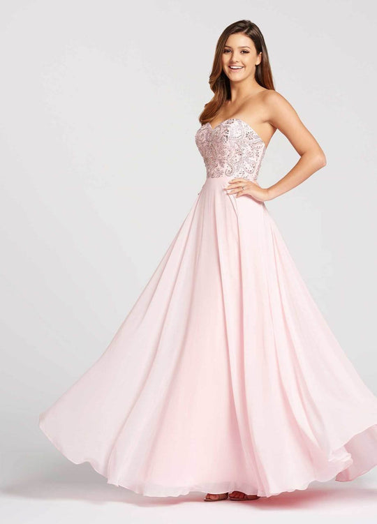Ellie Wilde - EW118094 Crystallized Strapless Sweetheart Chiffon Gown In Pink