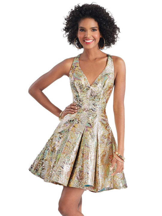 Clarisse - 3903 V-neck Metallic Brocade Pleated A-line Dress In Gold and Multi-Color