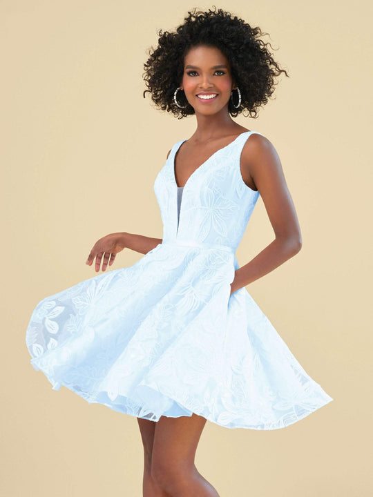 Clarisse - 3914 Embroidered Deep V-neck A-line Dress In Blue