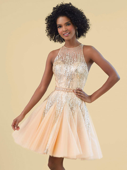 Clarisse - 3915 Sequined Illusion Neckline Cocktail Dress In Gold