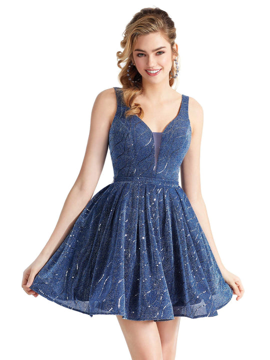 Clarisse - 3935 Deep V-neck Shimmer A-line Dress In Blue