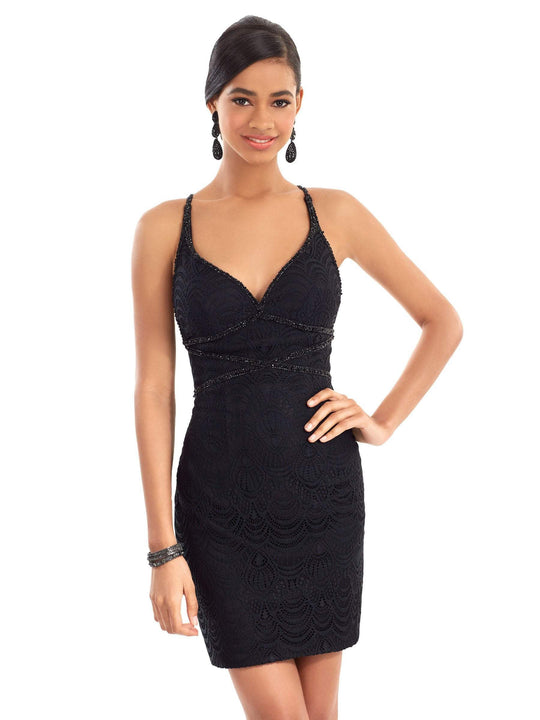 Clarisse - 3968 Guipure Laced V-Neck Sheath Dress In Black