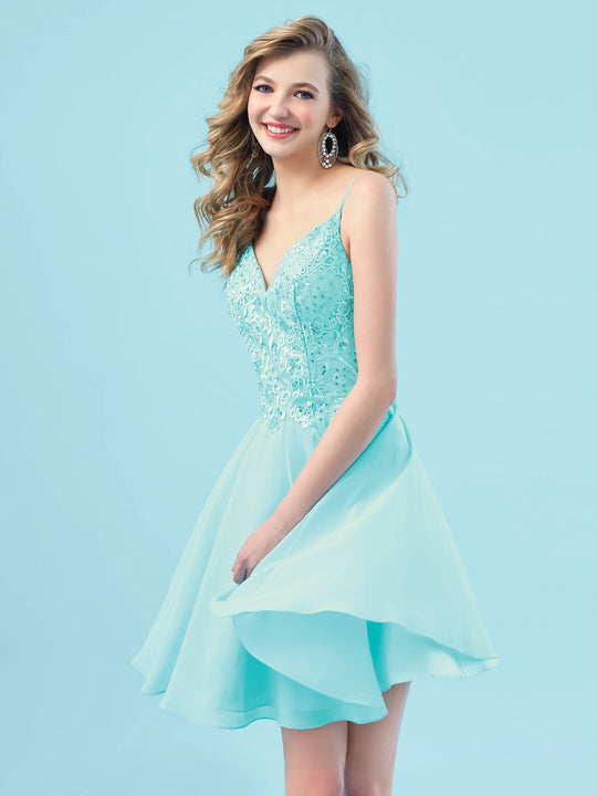 Clarisse - S7030 Embellished Lace V-Neck Cocktail Dress In Blue