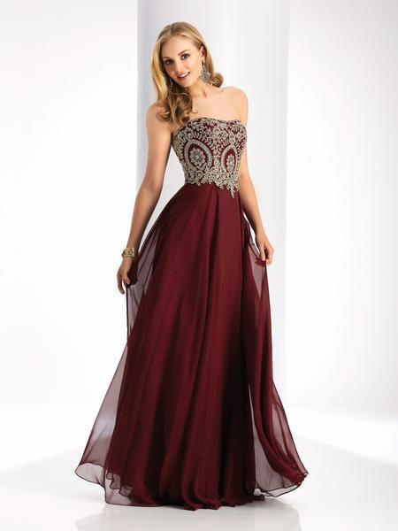 Clarisse - 3000 Strapless Gilt-Appliqued Chiffon Long Gown In Red