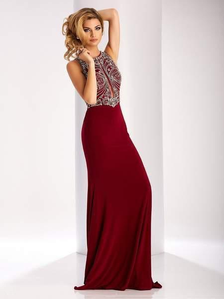 Clarisse - 3075 Crystal Ornate Illusion Paneled Jersey Gown In Red