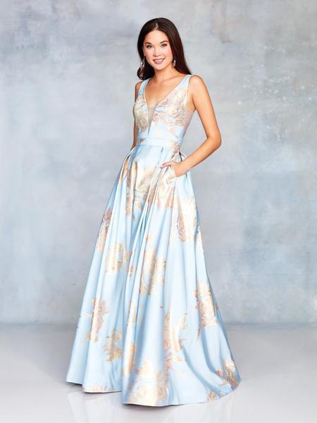 Clarisse - 3703 Deep V-neck Brocade A-line Dress In Blue/Gold