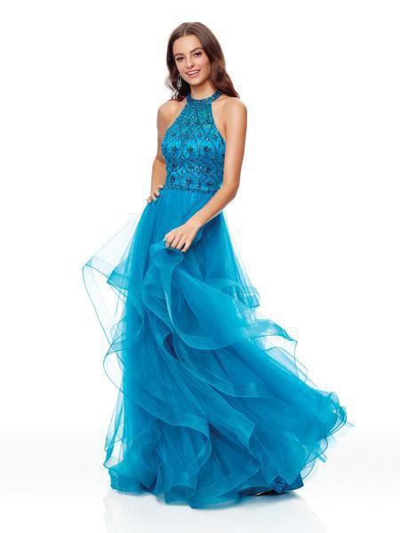 Clarisse - 3815 Beaded Halter Ruffled A-line Dress In Blue