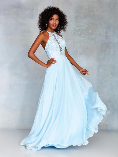 Clarisse - 3757 Lace Halter Chiffon A-line Dress In Blue