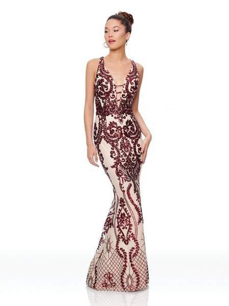 Clarisse - Sequined Deep V-neck Mermaid Dress 3797 In Red and Neutral