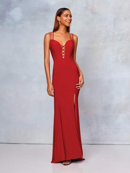 Clarisse - 3775 Crisscross-Accented Plunging Jersey Gown In Red