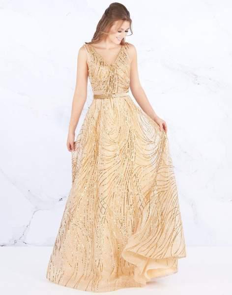 Mac Duggal Prom - 20114M Sleeveless V Neck Glitter A-Line Prom Gown In Gold