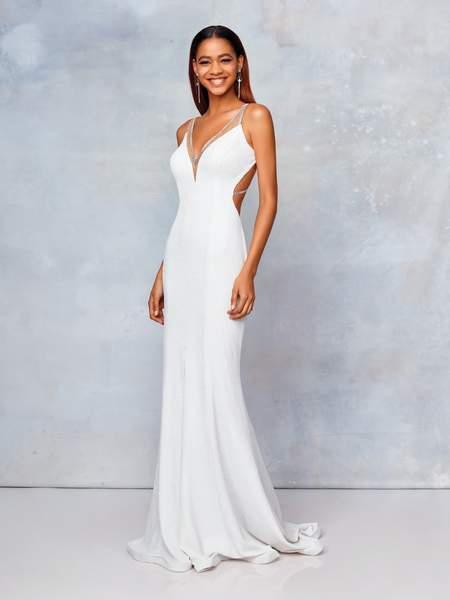 Clarisse - 3799 Crisscross-Strapped Illusion Plunge Gown In White