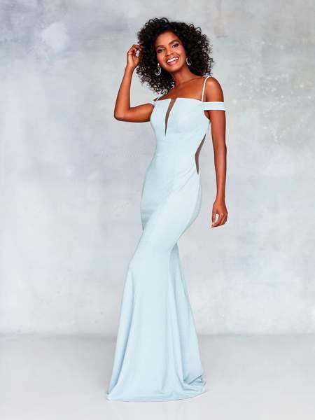 Clarisse - 3819 Off-Shoulder Jersey Trumpet Dress In BLue