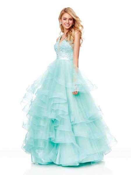 Clarisse - 3812 Embellished Deep V-neck Tiered A-line Dress In Green