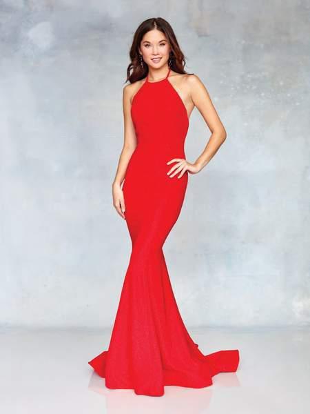 Clarisse - 3831 Halter Strap Glitter Jersey Mermaid Gown In Red