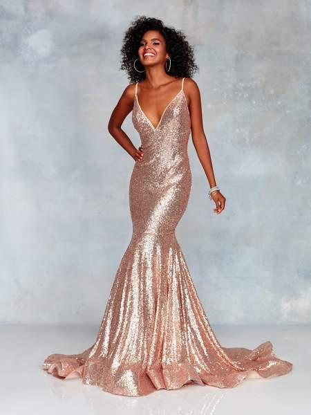 Clarisse - 3882 Fully Sequined V-neck Mermaid Dress With Sweep Train In Pink