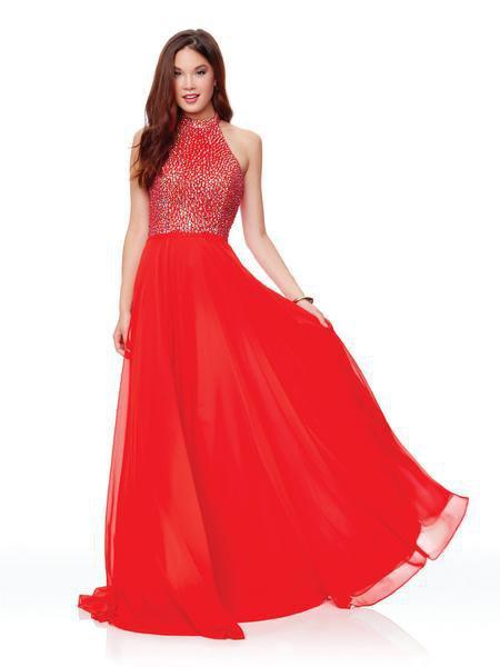 Clarisse - 3750 Rhinestone-Studded High Halter Chiffon Gown In Red