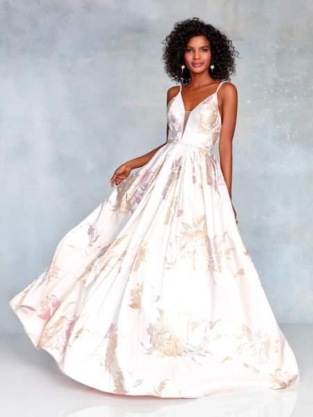 Clarisse - 3867 Deep V-neck Brocade Long A-line Dress In Pink