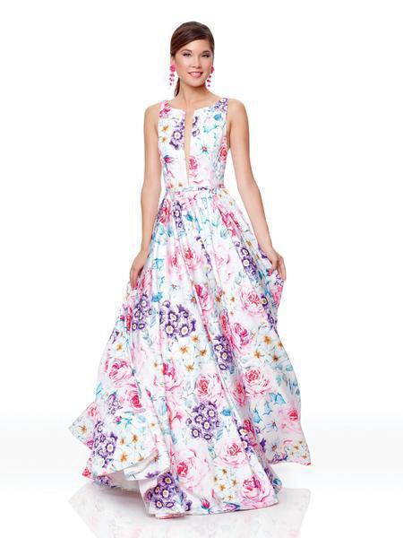 Clarisse - 3874 Floral Printed Bateau Satin A-line Dress In Purple