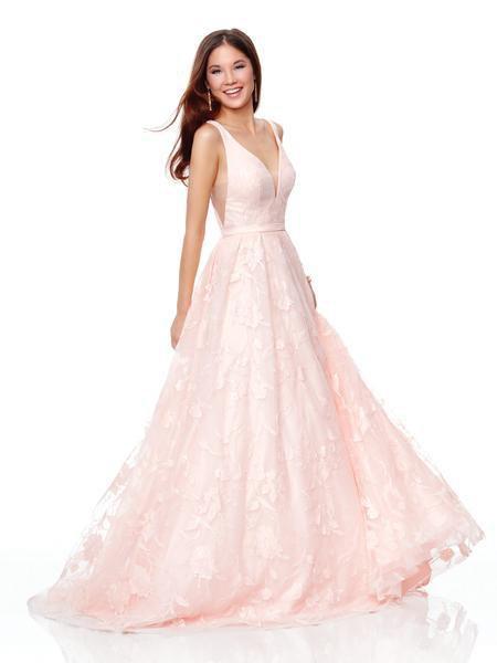 Clarisse - 3876 Floral Embroidered Plunging A-Line Gown In Pink