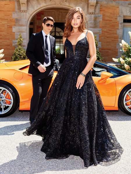 Clarisse - 5042 Sequined Deep V-neck A-line Dress In Black