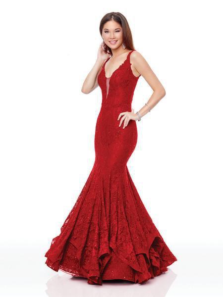 Clarisse - 5028 Beaded Lace Deep V-neck Mermaid Dress In Red