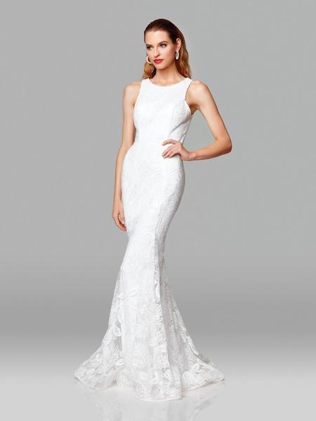 Clarisse - 600121 Sleeveless Lace Jewel Neck Mermaid Dress In White