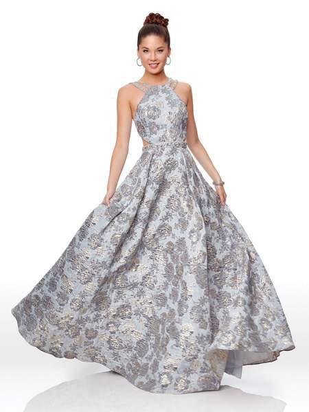 Clarisse - 5058 Beaded Halter Brocade A-line Dress In Silver