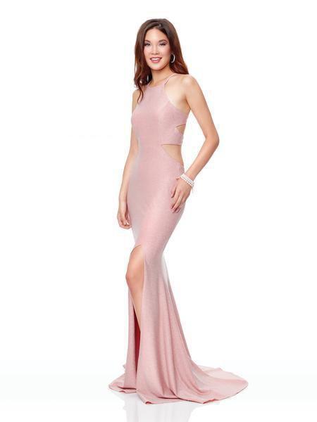Clarisse - Lace-Up Halter Shimmer Jersey Gown 3789 In Pink