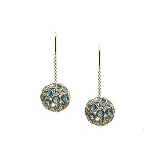London Blue Topaz Sphere Ball Dangle Earrings in 18k Yellow Gold