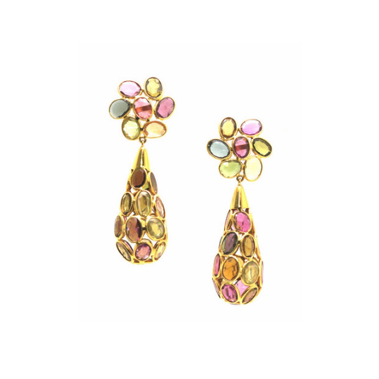 Multicolor Spinal Briolette Earrings with Flower top in 18k Yellow Gold