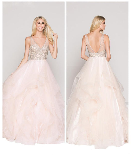 Colors Couture - J049 Beaded V Neck Ruffled Ballgown In Pink