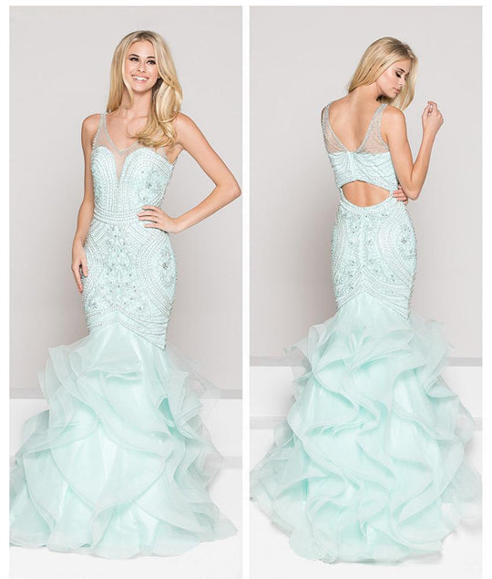 Colors Couture - J050 Illusion V-Neck Ruffled Trumpet Gown In Blue