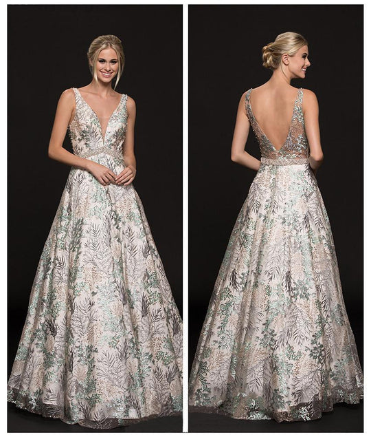 Colors Couture - J051 Sleeveless Ornate Lace A-Line Gown In Green and Gray